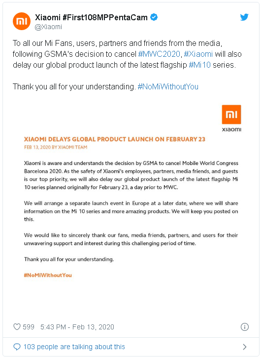 Xiaomi tuy&ecirc;n bố ho&atilde;n ng&agrave;y ra mắt Mi 10 phi&ecirc;n bản quốc tế, sau khi MWC 2020 bị hủy bỏ - Ảnh 2.