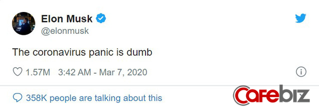 D&ograve;ng tweet vỏn vẹn 5 từ về Covid-19 h&uacute;t 1,5 triệu lượt th&iacute;ch của Elon Musk: Thật ngớ ngẩn khi hoảng loạn v&igrave; virus corona!  - Ảnh 1.