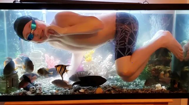 Kh&ocirc;ng được ra ngo&agrave;i v&igrave; Covid-19, cậu b&eacute; bơi tạm trong bể c&aacute; của bố cho đỡ &ldquo;ngứa nghề&rdquo; - Ảnh 4.