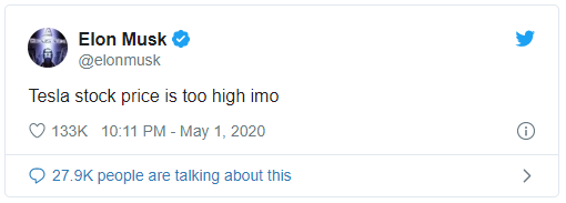 Elon Musk tuy&ecirc;n bố gi&aacute; cổ phiếu Tesla hiện đang qu&aacute; cao, ngay lập tức gi&aacute; cổ phiếu sụt giảm - Ảnh 2.