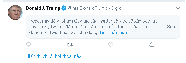 Tổng thống Trump đăng tweet mới, ngay lập tức bị Twitter ẩn đi v&igrave; l&yacute; do k&iacute;ch động bạo lực - Ảnh 2.