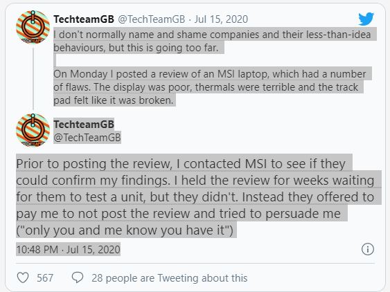 MSI bị c&aacute;o buộc đ&atilde; cố gắng hối lộ YouTuber để kh&ocirc;ng đăng video đ&aacute;nh gi&aacute; ti&ecirc;u cực - Ảnh 2.