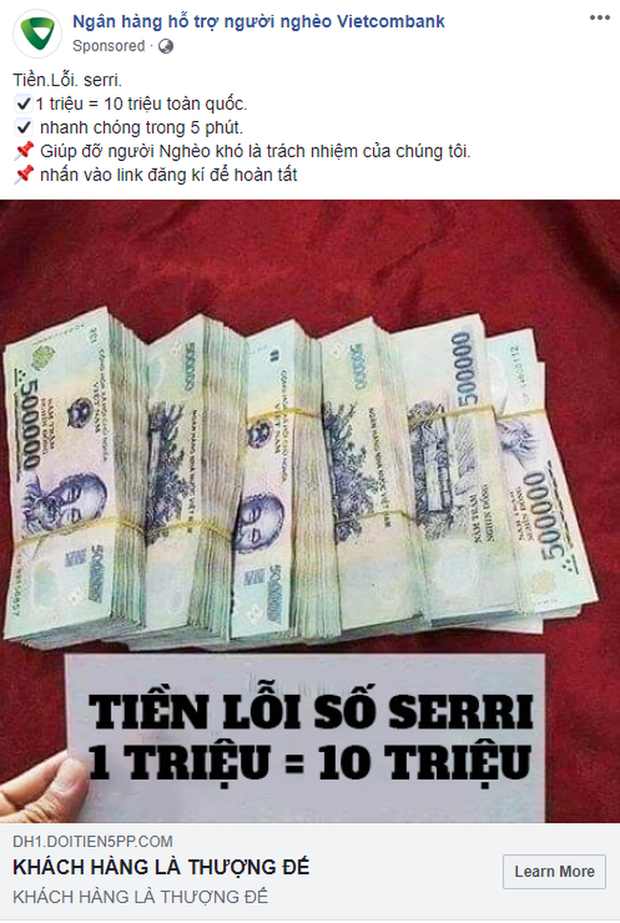 Xuất hiện fanpage Ngân hàng hỗ trợ người nghèo nhận đổi 1 triệu lấy 10 triệu, chạy quảng cáo rầm rộ trên Facebook: Cẩn thận tiền mất tật mang! - Ảnh 1. Xuất hiện fanpage Ngân hàng hỗ trợ người nghèo nhận đổi 1 triệu lấy 10 triệu, chạy quảng cáo rầm rộ trên Facebook: Cẩn thận tiền mất tật mang! - Ảnh 1.