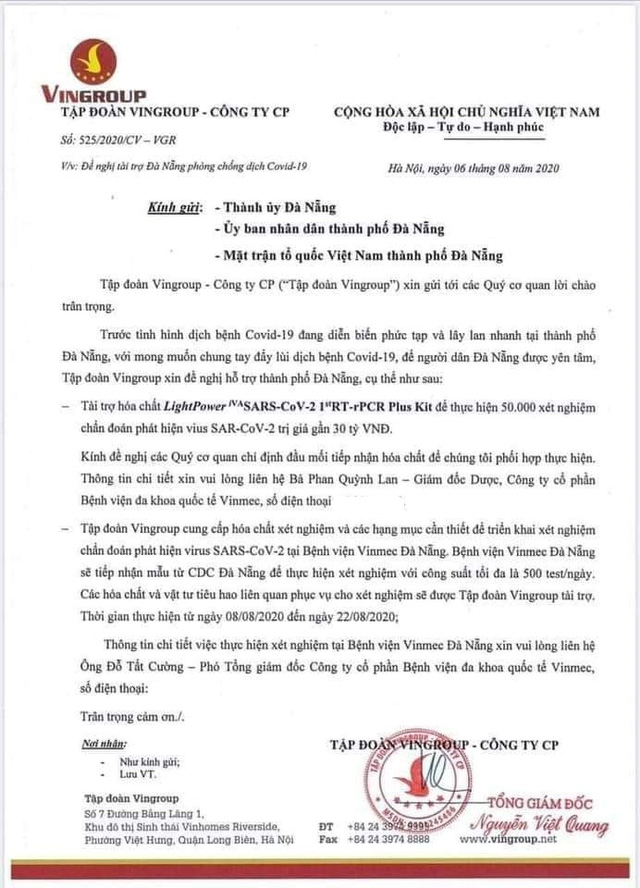  Sau 100 m&aacute;y thở, Vingroup tiếp tục t&agrave;i trợ h&oacute;a chất cho Đ&agrave; Nẵng thực hiện 50.000 x&eacute;t nghiệm trị gi&aacute; 30 tỷ đồng  - Ảnh 2.