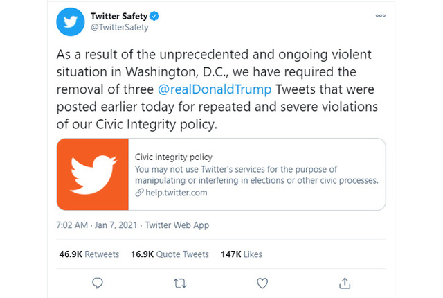  Thủ đ&ocirc; Mỹ bạo loạn chưa từng c&oacute;, Twitter kh&oacute;a t&agrave;i khoản của &ocirc;ng Trump trong 12 giờ, dọa ngừng vĩnh viễn  - Ảnh 2.