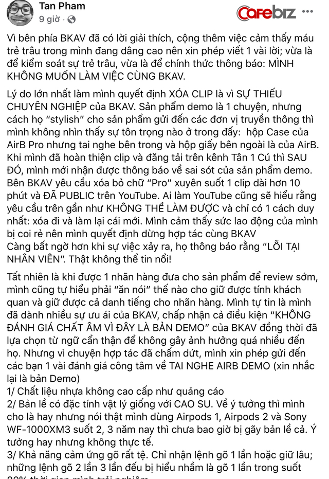 YouTuber xo&aacute; b&agrave;i review AirB tuy&ecirc;n bố kh&ocirc;ng muốn l&agrave;m việc c&ugrave;ng BKAV, đ&aacute;nh gi&aacute; bản demo: &Acirc;m thanh đục, m&eacute;o tiếng, cảm ứng tệ! - Ảnh 2.