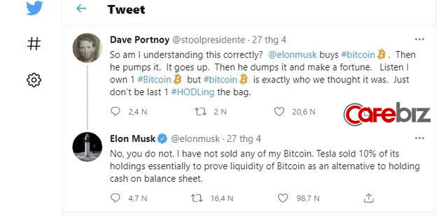 Bị tag hẳn t&ecirc;n v&agrave;o b&agrave;i đăng tố l&agrave;m gi&aacute; Bitcoin, &acirc;m thầm mua đ&aacute;y, b&aacute;n đỉnh, thao t&uacute;ng thị trường, Elon Musk đ&aacute;p trả 1 c&acirc;u h&uacute;t gần 100.000 lượt th&iacute;ch - Ảnh 2.