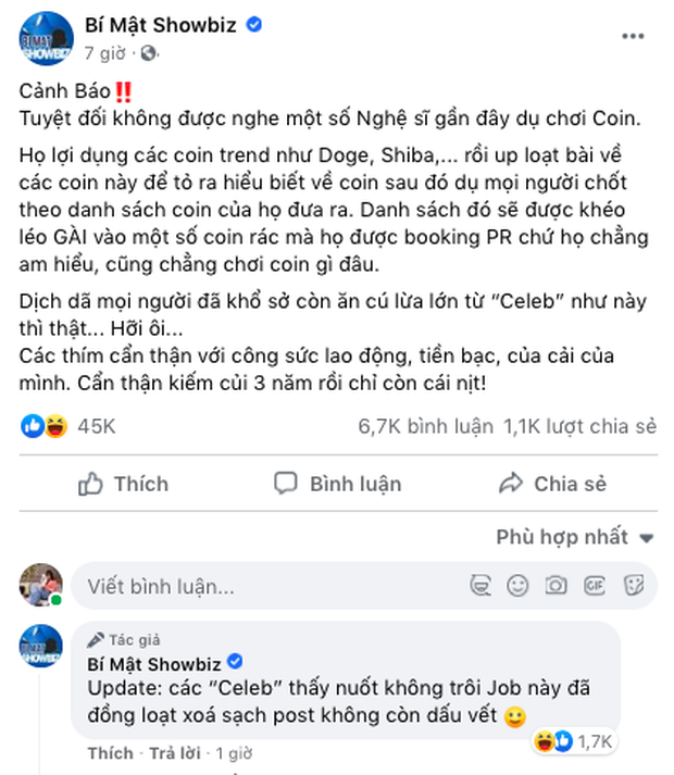 Sau một đ&ecirc;m PR lộ liễu cho tiền ảo, b&agrave;i viết của Ngọc Trinh, Nam Thư, Kiều Minh Tuấn... tr&ecirc;n Facebook đồng loạt bốc hơi? - Ảnh 4.