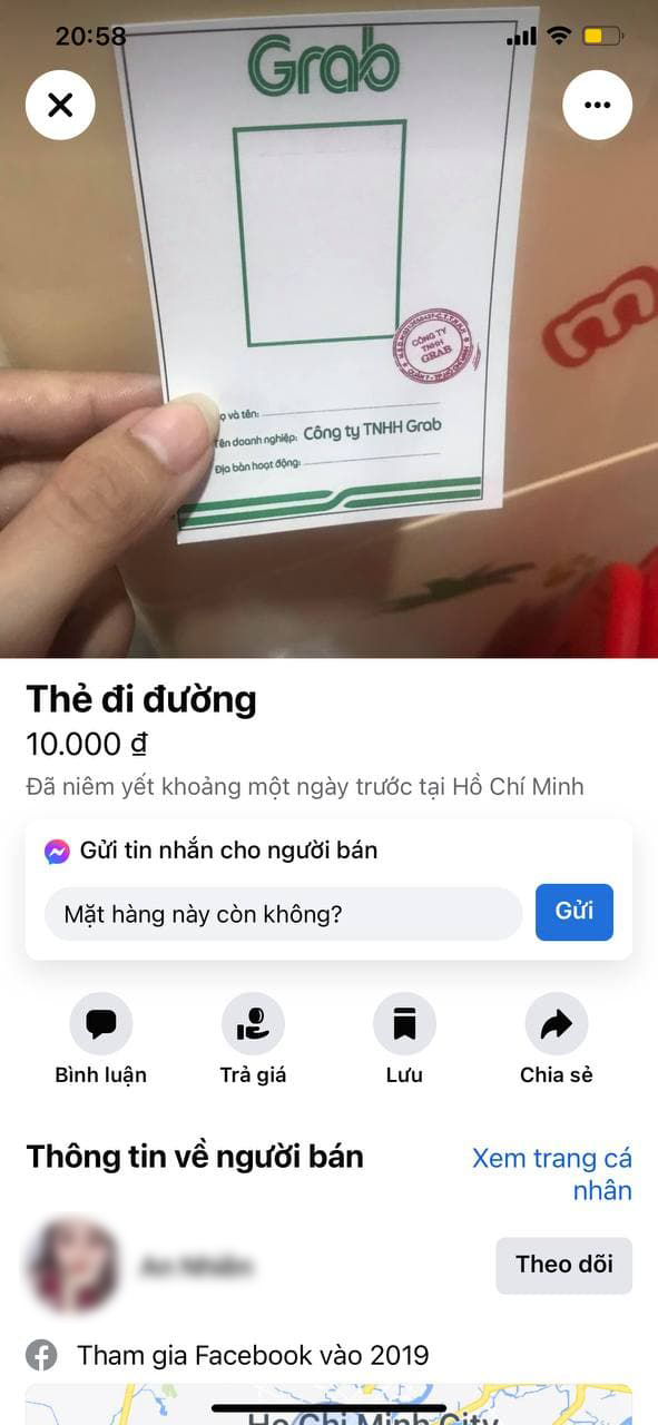  Giấy th&ocirc;ng h&agrave;nh giả mạo Grab b&agrave;y b&aacute;n tr&agrave;n lan tr&ecirc;n Facebook với gi&aacute; 10.000 đồng  - Ảnh 1.