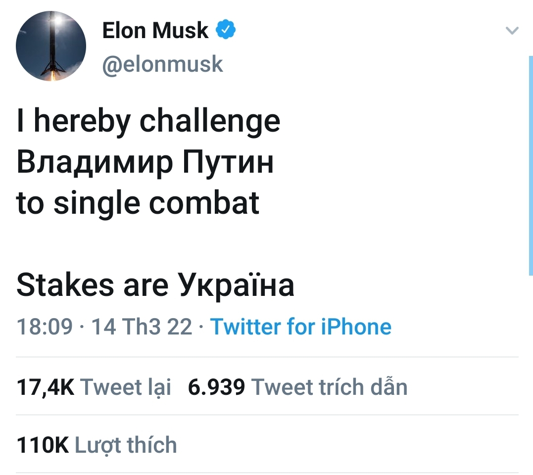 Elon Musk thách Tổng thống Putin đấu tay đôi với phần thưởng là Ukraine - Ảnh 1. Elon Musk thách Tổng thống Putin đấu tay đôi với phần thưởng là Ukraine - Ảnh 1.