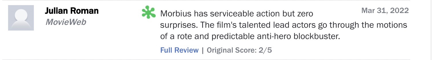 Bom tấn Marvel Morbius gây tranh cãi dữ dội: Người khen cực phẩm, kẻ mỉa mai dở tệ, lịch sử Venom lặp lại ư? - Ảnh 3. Bom tấn Marvel Morbius gây tranh cãi dữ dội: Người khen cực phẩm, kẻ mỉa mai dở tệ, lịch sử Venom lặp lại ư? - Ảnh 3.