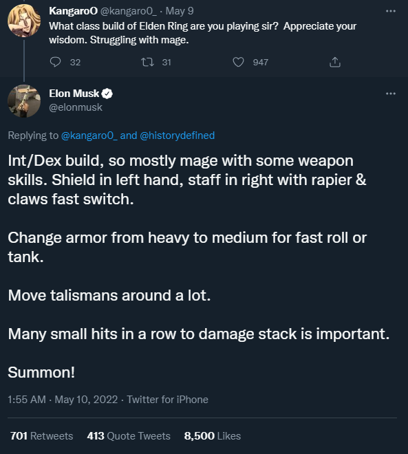 Elon Musk cũng chơi Elden Ring. H&atilde;y c&ugrave;ng ph&acirc;n t&iacute;ch nh&acirc;n vật v&agrave; lối chơi của game thủ tỷ ph&uacute; - Ảnh 1.
