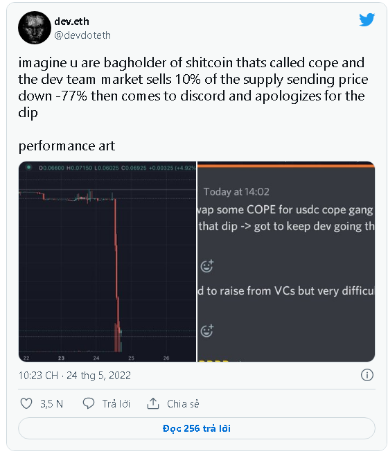 Vì “tình thế khó khăn”, đội ngũ sáng lập của một dự án crypto trên Solana đã bán 10% tổng lượng token khiến cho giá giảm 77%
- Ảnh 2. Vì “tình thế khó khăn”, đội ngũ sáng lập của một dự án crypto trên Solana đã bán 10% tổng lượng token khiến cho giá giảm 77%
- Ảnh 2.