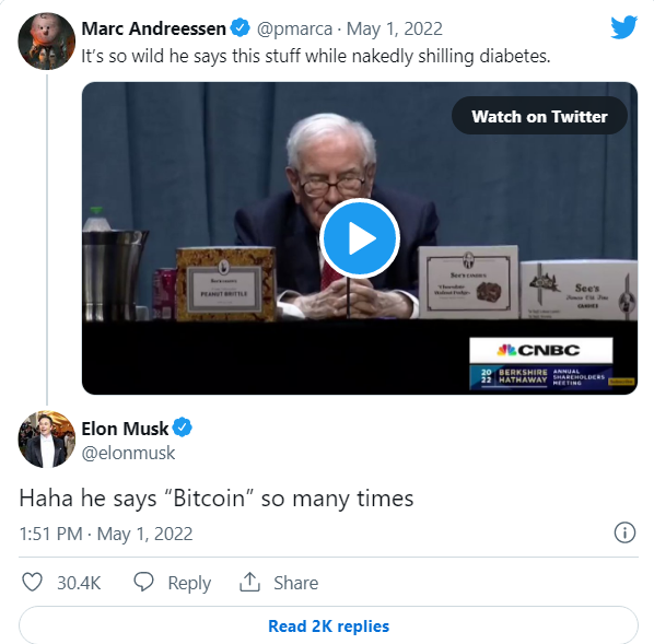 Elon Musk chưa từng ngán cà khịa một ai: tỷ phú Warren Buffett trở thành đối tượng tiếp theo vì miệng chê Bitcoin nhưng lại liên tục nói về đồng tiền số này - Ảnh 1. Elon Musk chưa từng ngán cà khịa một ai: tỷ phú Warren Buffett trở thành đối tượng tiếp theo vì miệng chê Bitcoin nhưng lại liên tục nói về đồng tiền số này - Ảnh 1.