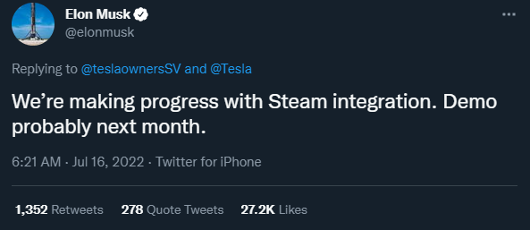 Tesla t&iacute;ch hợp Steam l&ecirc;n xe điện, Elon Musk hứa th&aacute;ng sau sẽ c&oacute; bản thử nghiệm - Ảnh 1.