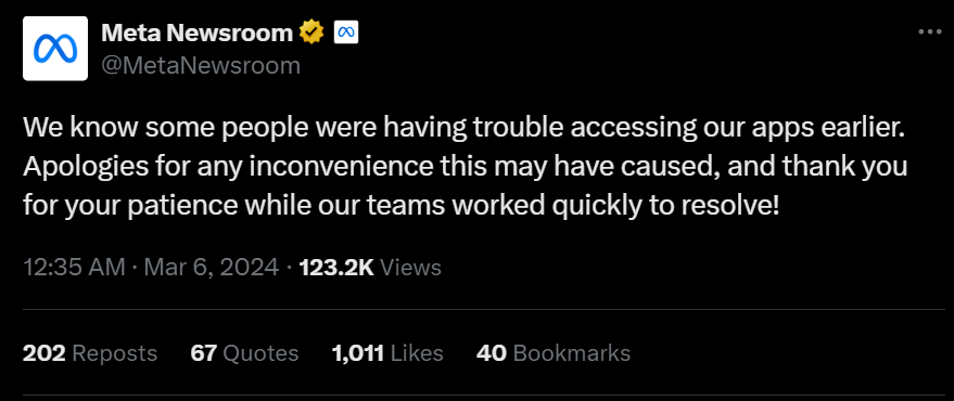 Tận cùng nỗi đau của Mark Zuckerberg: Meta phải lên X cập nhật tình hình sau sự cố sập toàn cầu, bị hàng triệu người hùa cùng Elon Musk chế nhạo- Ảnh 1. Tận cùng nỗi đau của Mark Zuckerberg: Meta phải lên X cập nhật tình hình sau sự cố sập toàn cầu, bị hàng triệu người hùa cùng Elon Musk chế nhạo- Ảnh 1.