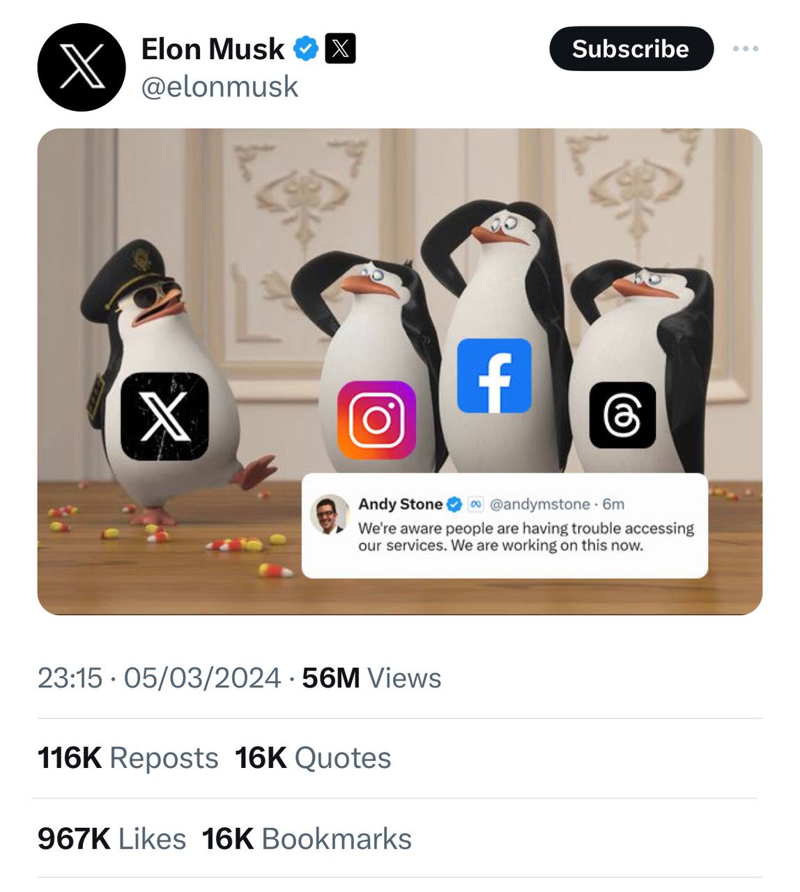 Tận cùng nỗi đau của Mark Zuckerberg: Meta phải lên X cập nhật tình hình sau sự cố sập toàn cầu, bị hàng triệu người hùa cùng Elon Musk chế nhạo- Ảnh 2. Tận cùng nỗi đau của Mark Zuckerberg: Meta phải lên X cập nhật tình hình sau sự cố sập toàn cầu, bị hàng triệu người hùa cùng Elon Musk chế nhạo- Ảnh 2.