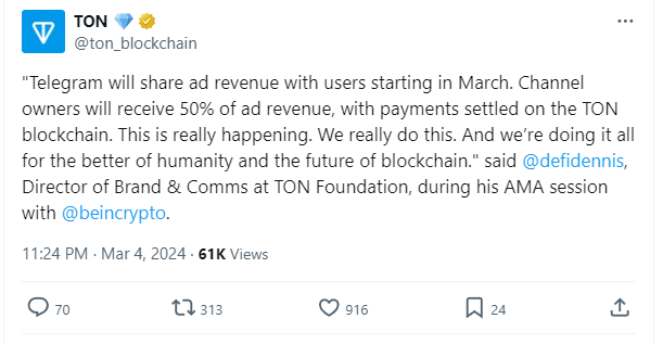 Telegram công bố chia sẻ 50% doanh thu quảng cáo với người dùng, giá đồng coin TON tăng vọt gần 40%- Ảnh 1. Telegram công bố chia sẻ 50% doanh thu quảng cáo với người dùng, giá đồng coin TON tăng vọt gần 40%- Ảnh 1.