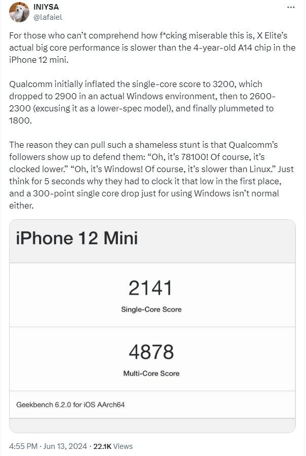 Laptop Snapdragon X Elite lộ điểm benchmark thực tế, người dùng nổi giận vì hiệu năng thấp hơn cả iPhone 12- Ảnh 2. Laptop Snapdragon X Elite lộ điểm benchmark thực tế, người dùng nổi giận vì hiệu năng thấp hơn cả iPhone 12- Ảnh 2.