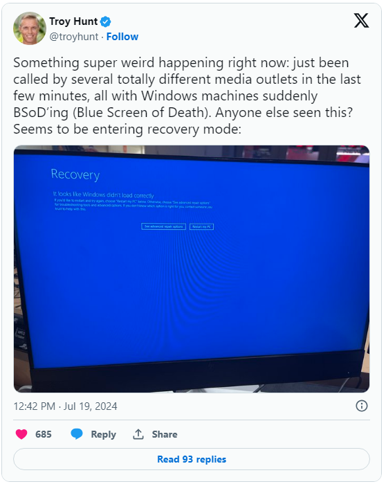 Vì bản cập nhật của một công ty, hàng ngàn máy tính Windows gặp lỗi "Màn hình xanh tử thần"- Ảnh 1. Vì bản cập nhật của một công ty, hàng ngàn máy tính Windows gặp lỗi "Màn hình xanh tử thần"- Ảnh 1.