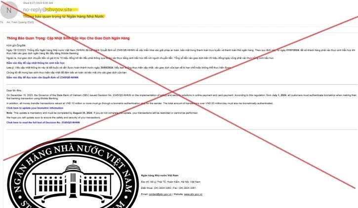 Cảnh giác thủ đoạn mạo danh Ngân hàng Nhà nước yêu cầu cập nhật sinh trắc học- Ảnh 1. Cảnh giác thủ đoạn mạo danh Ngân hàng Nhà nước yêu cầu cập nhật sinh trắc học- Ảnh 1.