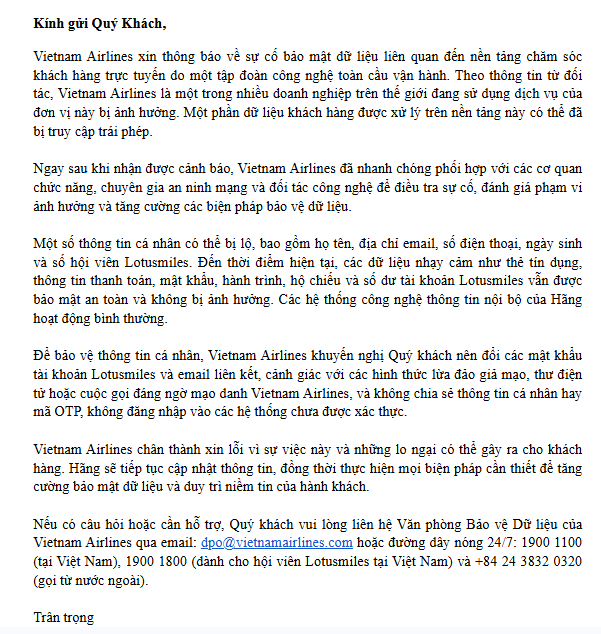 Vietnam Airlines gặp sự cố bảo mật dữ liệu, gửi email khẩn cho khách hàng- Ảnh 1. Vietnam Airlines gặp sự cố bảo mật dữ liệu, gửi email khẩn cho khách hàng- Ảnh 1.