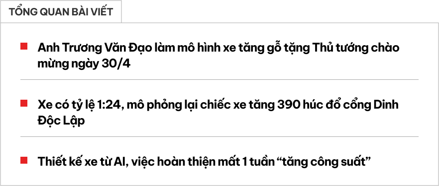 &lsquo;&Ocirc;ng bố thợ mộc&rsquo; l&agrave;m m&ocirc; h&igrave;nh xe tăng gỗ tặng Thủ tướng mừng 30/4: &lsquo;D&ugrave;ng AI thiết kế, tăng c&ocirc;ng suất l&agrave;m g&oacute;i gọn mất 1 tuần&rsquo;- Ảnh 1.