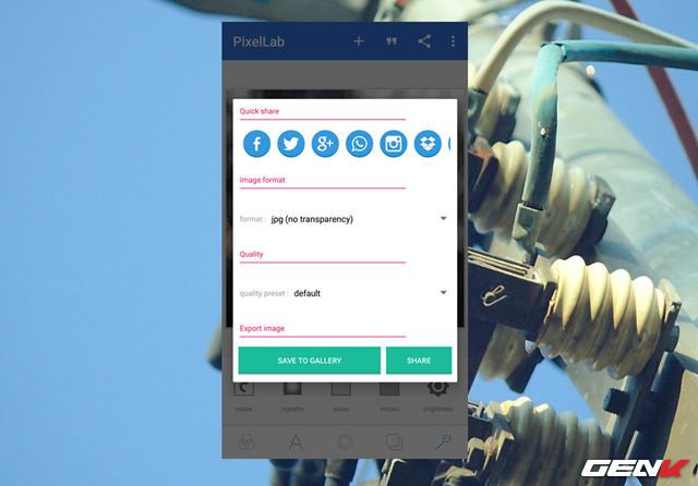
Sau khi đ&atilde; ho&agrave;n th&agrave;nh xong &ldquo;t&aacute;c phẩm&rdquo;, bạn c&oacute; thể nhanh ch&oacute;ng chia sẻ ch&uacute;ng l&ecirc;n c&aacute;c mạng x&atilde; hội nếu muốn hoặc lưu v&agrave;o bộ nhớ m&aacute;y với định dạng v&agrave; chất lượng theo &yacute; th&iacute;ch. Ngo&agrave;i ra, một điều kh&aacute; tuyệt ở PixelLab l&agrave; n&oacute; ho&agrave;n to&agrave;n miễn ph&iacute;, kh&ocirc;ng giới hạn t&iacute;nh năng v&agrave; ho&agrave;n to&agrave;n kh&ocirc;ng c&oacute; quảng c&aacute;o.
