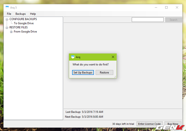 
V&agrave; khi đ&atilde; đăng nhập th&agrave;nh c&ocirc;ng, bạn sẽ được y&ecirc;u cầu thiết lập ngay sao lưu hoặc phục hồi nếu như đ&atilde; từng sử dụng Arq trước đ&oacute; v&agrave; sao lưu l&ecirc;n đ&aacute;m m&acirc;y đ&atilde; kết nối.
