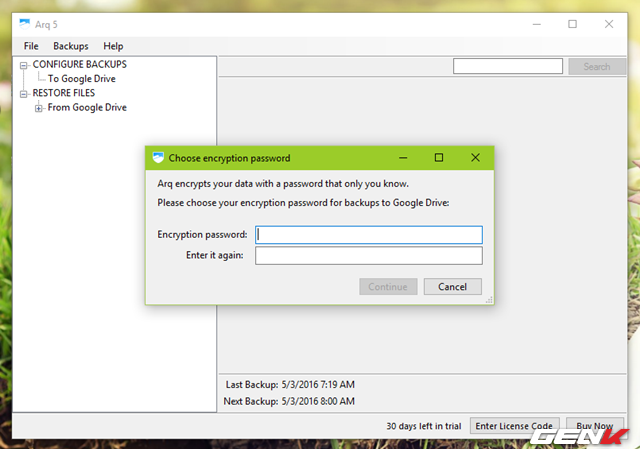 
Do đ&acirc;y l&agrave; lần sử dụng đầu ti&ecirc;n n&ecirc;n bạn h&atilde;y nhấn v&agrave;o Set Up Backups để tiến h&agrave;nh cấu h&igrave;nh sao lưu. Cửa sổ đầu ti&ecirc;n sẽ l&agrave; t&ugrave;y chọn mật khẩu bảo mật đễ m&atilde; h&oacute;a v&agrave; tr&aacute;nh kẻ xấu c&oacute; thể khai th&aacute;c c&aacute;c dữ liệu được sao lưu.
