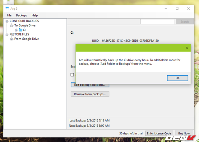 
V&agrave; khi đ&atilde; ho&agrave;n th&agrave;nh, một th&ocirc;ng b&aacute;o sẽ xuất hiện với nội dung thư mục hệ thống sẽ được tự động sao lưu sau mỗi giờ, v&agrave; hướng dẫn nhanh c&aacute;ch th&ecirc;m c&aacute;c thư mục kh&aacute;c muốn sao lưu v&agrave;o danh mục.
