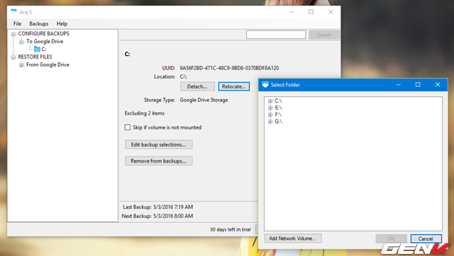 
Như vậy ch&uacute;ng ta c&oacute; thể thấy Arq sẽ tự động sao lưu ph&acirc;n v&ugrave;ng ổ đĩa hệ thống l&agrave; ổ C v&agrave;o nơi m&agrave; người d&ugrave;ng lựa chọn để lưu trữ c&aacute;c bản sao lưu. Nếu bạn muốn chỉnh sửa lại ph&acirc;n v&ugrave;ng, h&atilde;y nhấn v&agrave;o t&ugrave;y chọn Relocate&hellip; v&agrave; chọn lại nếu muốn.
