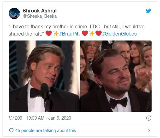 L&ecirc;n nhận giải Quả cầu v&agrave;ng 2020, Brad Pitt cảm ơn bạn diễn DiCaprio bằng c&aacute;ch &ldquo;c&agrave; khịa&rdquo; c&aacute;i kết của Titanic - Ảnh 1.