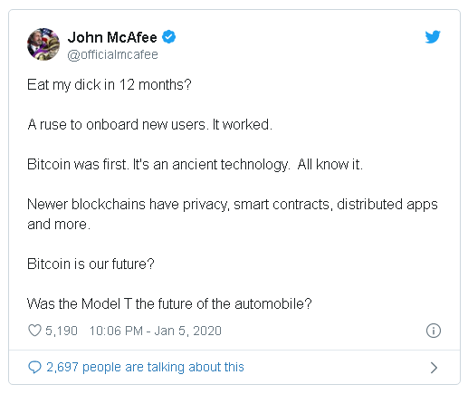 John McAfee nuốt lời hứa tự ăn “cái ấy” của mình nếu Bitcoin không đạt 1 triệu USD vào năm 2020 - Ảnh 2. John McAfee nuốt lời hứa tự ăn “cái ấy” của mình nếu Bitcoin không đạt 1 triệu USD vào năm 2020 - Ảnh 2.