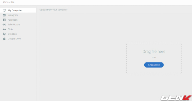 Tại đây Hopper cho phép người dùng chọn ảnh từ máy tính hoặc các dịch vụ lưu trữ đám mây khác như Dropbox, Google Drive...