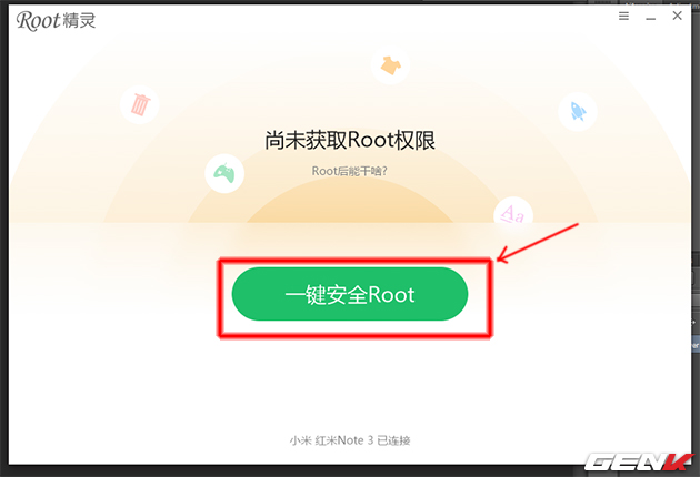 
Khi check xong v&agrave; ph&aacute;t hiện m&aacute;y chưa Root, Shuame sẽ chuyển sang cửa sổ hỏi người d&ugrave;ng c&oacute; Root m&aacute;y lu&ocirc;n kh&ocirc;ng. H&atilde;y nhấn n&uacute;t xanh để Root.
