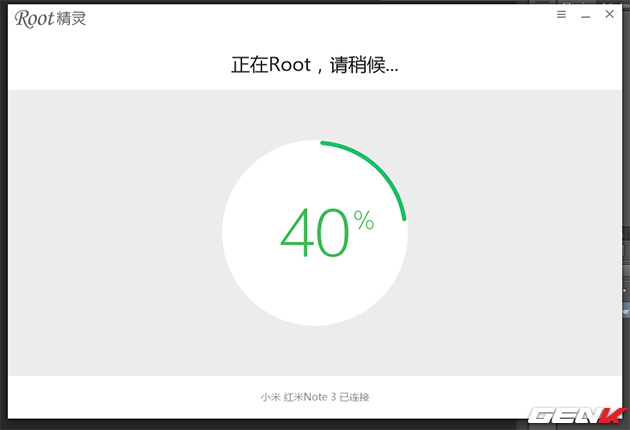 
Qu&aacute; tr&igrave;nh Root bắt đầu, khi đến khoảng 65% m&aacute;y điện thoại sẽ tự khởi động lại, v&agrave; khi m&aacute;y khởi động được phần mềm sẽ b&aacute;o Root th&agrave;nh c&ocirc;ng.
