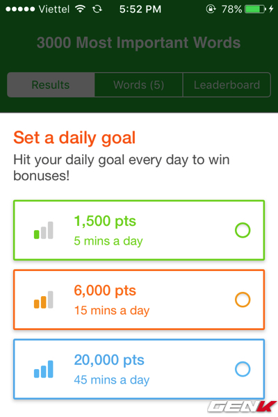 Bạn có thể cài đặt mục tiêu học tập theo chặng