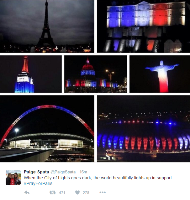 Các công trình tại nhiều thành phố lớn trên thế giới đang cùng đổi màu vì Paris.