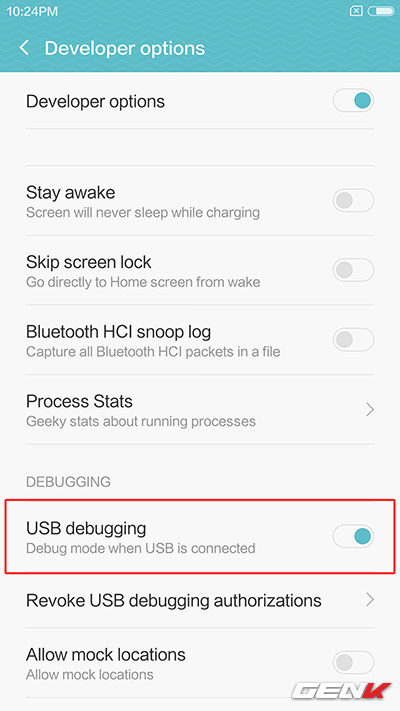 Bật USB debugging.