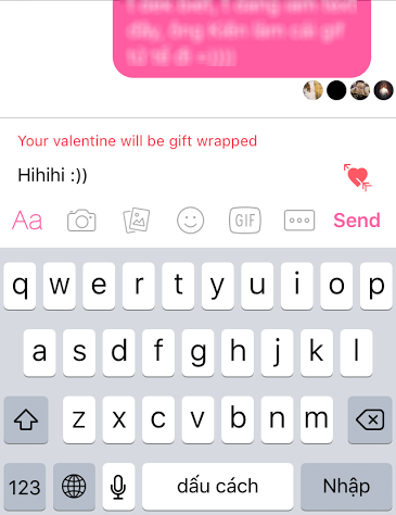 Thông báo tin nhắn của bạn sẽ được gói lại trước khi gửi đi khi nhấn vào biểu tượng trái tim.
