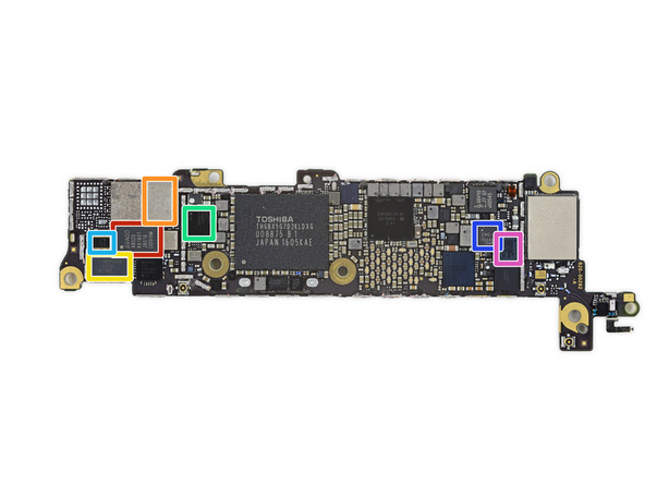 Màu xanh lá là chip quản lý năng lượng của Qualcomm, màu tím là chip điều khiển cảm ứng của Broadcom (được dùng lần đầu trên iPhone 5), xanh đậm là linh kiện tích hợp cảm biến gia tốc và con quay hồi chuyển, màu xanh dương là module ăng-ten của Quorvo và màu đỏ là module khuếch đại nguồn của Avago.