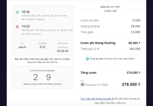 Một bản kê chi tiết khác về lộ trình đi từ quận Bình Thạnh sang quận 4 (TP. HCM) vào giờ cao điểm bị x2.9 lần so với cước phí thông thường.