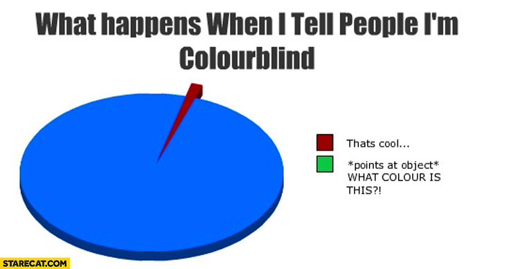Điều gì xảy ra khi bạn nói với người ta rằng mình mù màu:
- Hay ho nhỉ.
- *chỉ vào vật bất kì* ĐÂY LÀ MÀU GÌ ĐÓ MÀY?