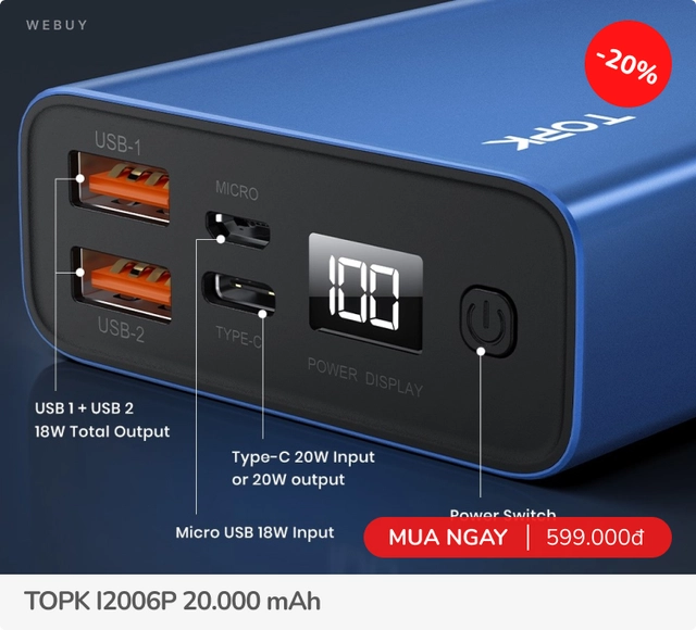 Đi du lịch mà bạn bè hay quên sạc, sắm ngay pin dự phòng 20.000 mAh đa cổng giá từ 219k này - Ảnh 4. Đi du lịch mà bạn bè hay quên sạc, sắm ngay pin dự phòng 20.000 mAh đa cổng giá từ 219k này - Ảnh 4.