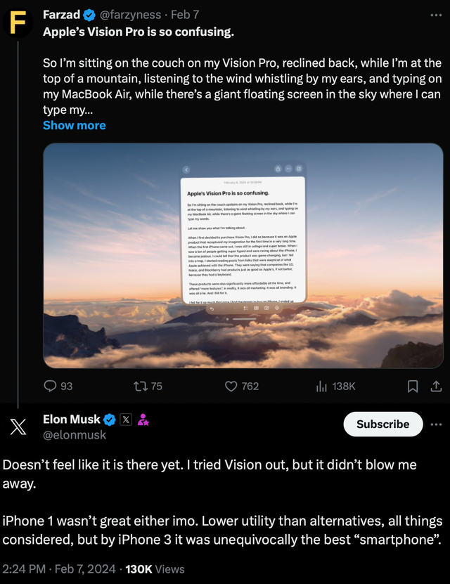 Elon Musk đánh giá Vision Pro của Apple ra sao?- Ảnh 1. Elon Musk đánh giá Vision Pro của Apple ra sao?- Ảnh 1.