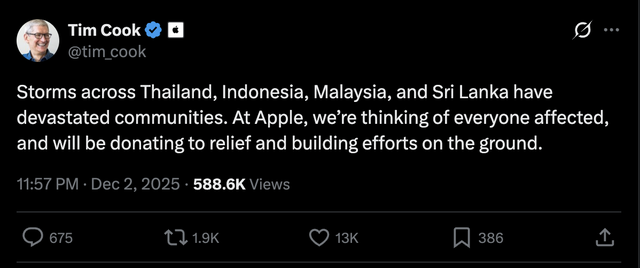 Tim Cook bày tỏ sự đồng hành với các vùng bão lũ châu Á, Việt Nam có trong kế hoạch cứu trợ của Apple - Ảnh 1.