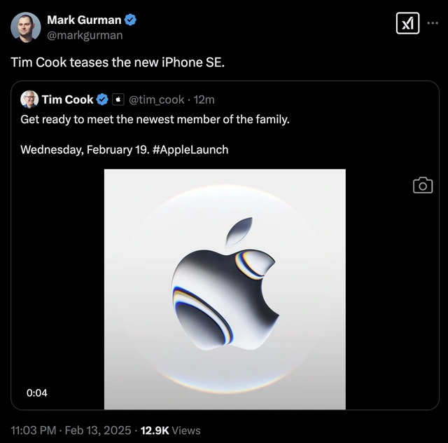 Đích thân CEO Tim Cook đăng bài "nhá hàng" sản phẩm mới sắp ra mắt vào ngày 19/2: Người đồn iPhone SE 4, kẻ đoán iPhone 16E- Ảnh 2. Đích thân CEO Tim Cook đăng bài "nhá hàng" sản phẩm mới sắp ra mắt vào ngày 19/2: Người đồn iPhone SE 4, kẻ đoán iPhone 16E- Ảnh 2.