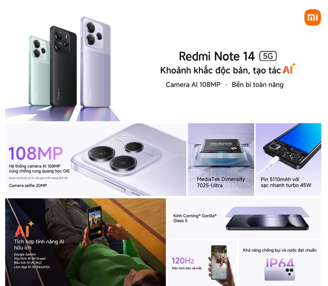 "Smartphone quốc dân" Redmi Note 14 có phiên bản mới: Thiết kế cực đẹp, chip 5G, camera 108MP kèm pin 5.110mAh- Ảnh 3. "Smartphone quốc dân" Redmi Note 14 có phiên bản mới: Thiết kế cực đẹp, chip 5G, camera 108MP kèm pin 5.110mAh- Ảnh 3.