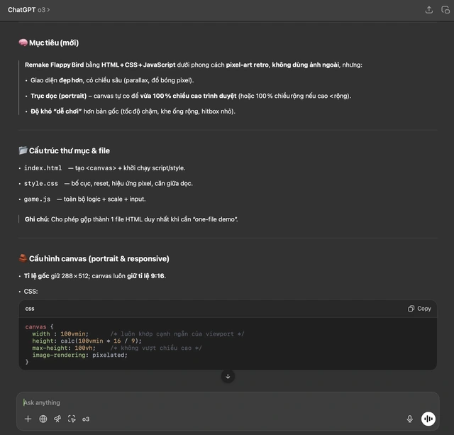 ChatGPT viết prompt, Claude/Gemini và Cursor dựng code, tôi chỉ... đứng nhìn: Flappy Bird ChatGPT viết prompt, Claude/Gemini và Cursor dựng code, tôi chỉ... đứng nhìn: Flappy Bird